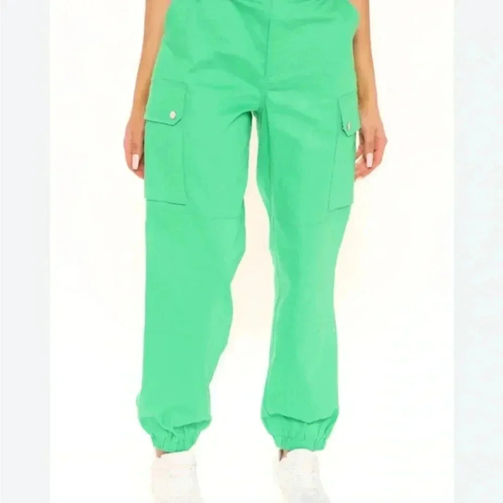 Cargo Green Pants with Belt, Pocket and Cropped/ Full Length High Waisted Jogger